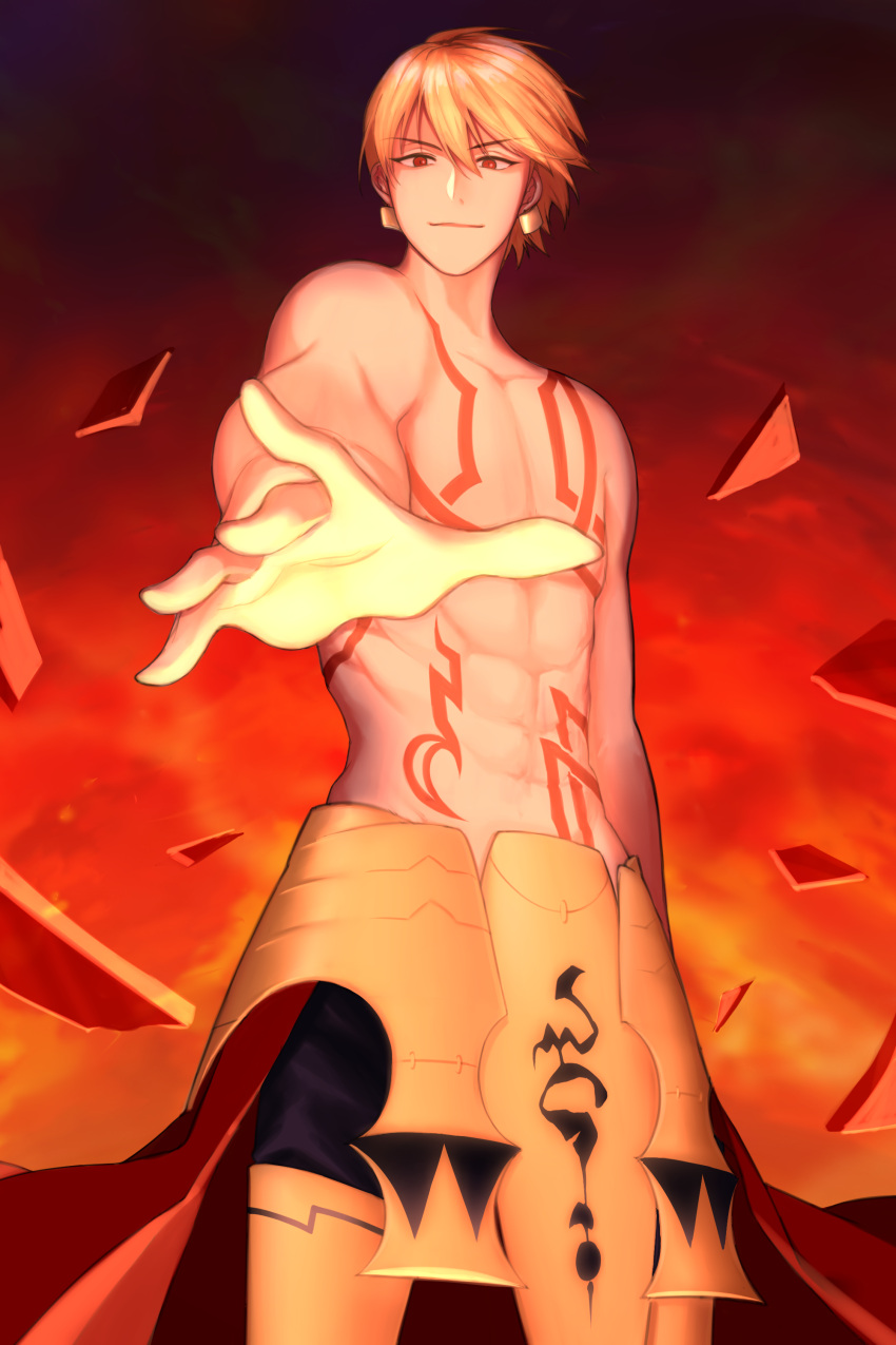 1boy absurdres alpheratz707 armor blonde_hair fate/stay_night fate_(series) gilgamesh highres outstretched_hand red_eyes shirtless solo tattoo