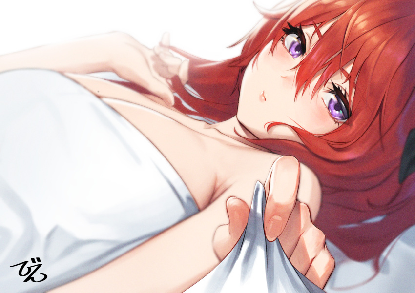 1girl bangs bed_sheet beeeeen blanket blush breasts collarbone eyelashes fingernails from_side hair_between_eyes highres last_origin lips long_hair looking_at_viewer looking_to_the_side lying may_of_doom mole mole_on_breast naked_sheet on_back on_bed redhead sheet_grab solo under_covers violet_eyes white_background