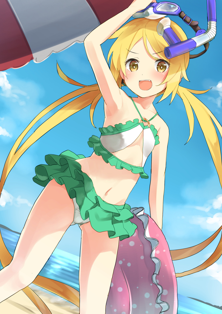 1girl absurdres blonde_hair diving_mask diving_mask_on_head highres kantai_collection long_hair max_melon_teitoku navel o-ring_top satsuki_(kantai_collection) skirt smile swimsuit twintails yellow_eyes