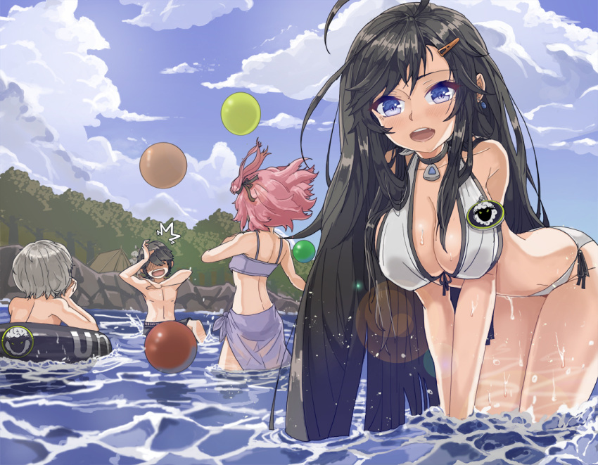 2boys 3girls :d bikini black_hair blue_eyes breasts closers clouds j_(closers) large_breasts leaning_forward lhu_(barappra1) long_hair looking_at_viewer mistilteinn_(closers) multiple_boys multiple_girls open_mouth partially_submerged seha_lee seulbi_lee smile swimsuit water wet yuri_seo