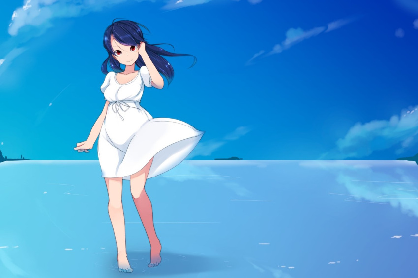 1girl barefoot blue_hair blue_sky clouds dress hand_in_hair head_tilt horizon long_hair looking_at_viewer ocean original pon_(shind_997) puffy_short_sleeves puffy_sleeves red_eyes reflection shoreline short_sleeves sky smile solo sundress wading wind wind_lift