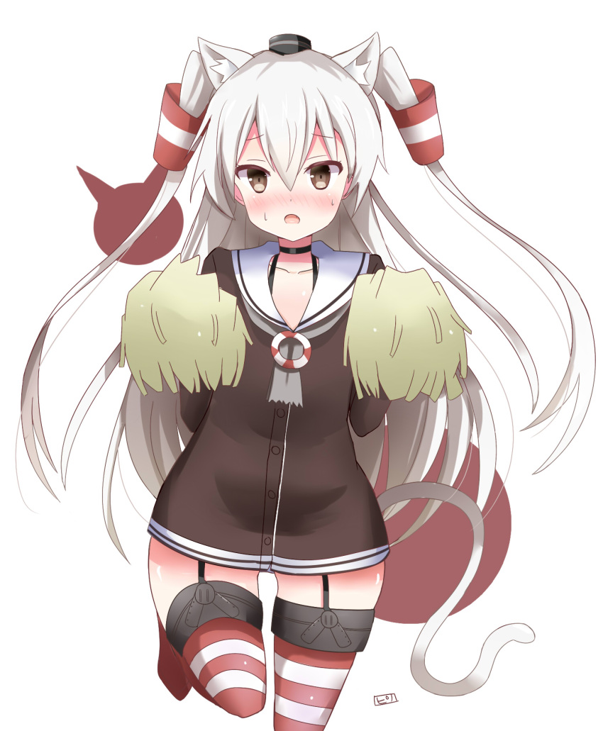 1girl amatsukaze_(kantai_collection) animal_ears blush cat_ears cat_tail fang garter_straps hair_tubes highres kantai_collection kemonomimi_mode lifebuoy long_hair nose_blush open_mouth pinoaisu sailor_collar sailor_dress silver_hair simple_background solo tail two_side_up white_background