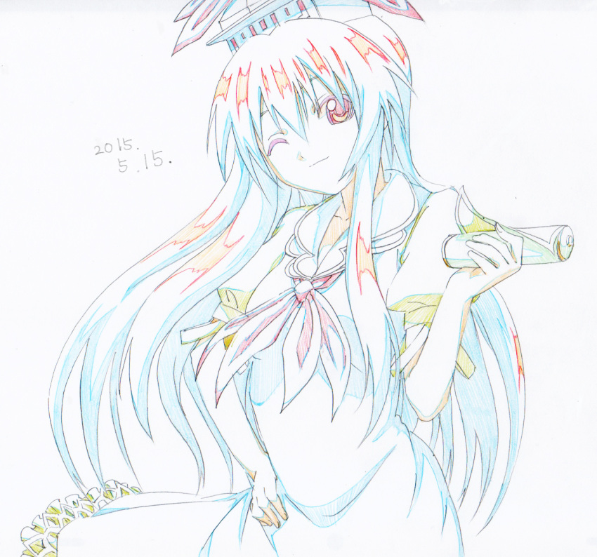 1girl blue_hair bow colored_pencil_(medium) dated dress hand_on_hip hat highres kamishirasawa_keine long_hair one_eye_closed pink_x red_eyes ribbon scroll sketch smile solo touhou traditional_media