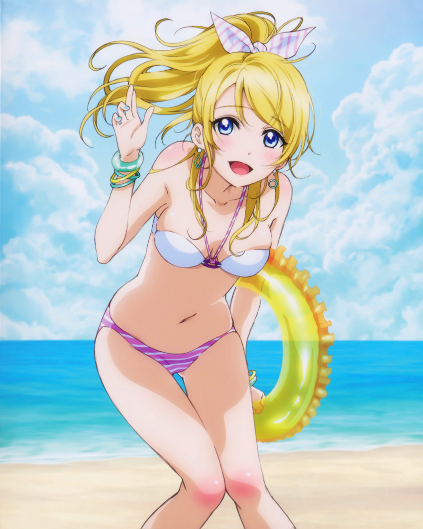 1girl absurdres ayase_eli beach belly bikini blonde_hair blue_eyes bracelet cleavage cloud clouds eyebrows_visible_through_hair hair_ribbon highres love_live!_school_idol_project ponytail sky smile solo swimsuit water