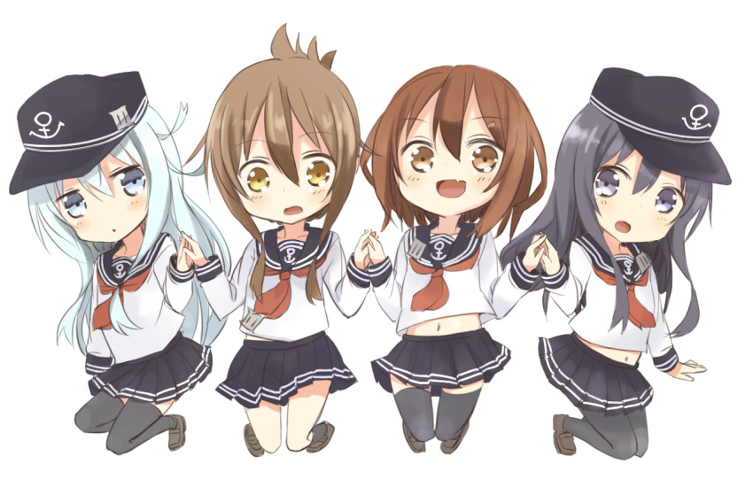 4girls akatsuki_(kantai_collection) anchor_symbol brown_eyes brown_hair commentary_request fang flat_cap grey_eyes grey_eyes hat hibiki_(kantai_collection) holding_hands ikazuchi_(kantai_collection) inazuma_(kantai_collection) kantai_collection long_hair multiple_girls navel neckerchief nonono_(basasi21) open_mouth purple_hair school_uniform serafuku short_hair skirt thigh-highs violet_eyes