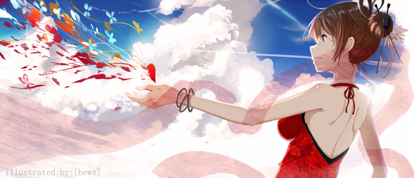 1girl artist_name bare_shoulders breasts brown_hair butterfly china_dress chinese_clothes clouds cloudy_sky hair_bun hair_ornament hair_stick hews_hack original profile red_eyes short_hair sideboob sky sleeveless solo