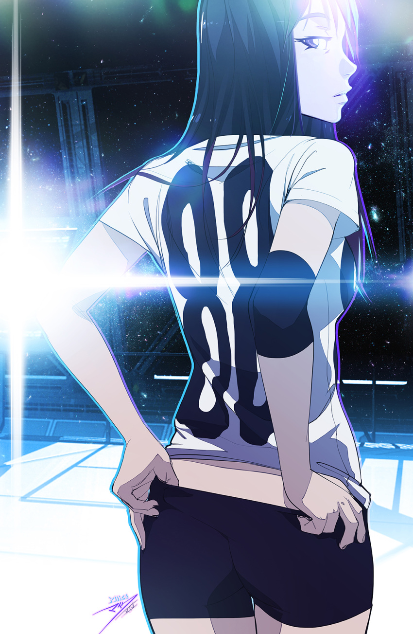 1girl 88_(mike_nesbitt) adjusting_shorts elbow_pads from_behind highres lens_flare long_hair looking_back mike_nesbitt original short_shorts shorts solo t-shirt