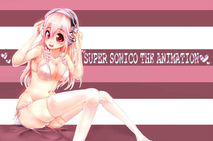 1girl blush breasts cleavage hazime26 headphones highres large_breasts long_hair looking_at_viewer navel nitroplus open_mouth panties pink_hair red_eyes smile solo soniani super_sonico thighhighs underwear