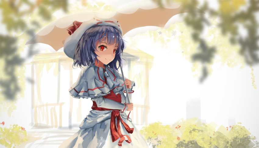 1girl capelet curiosities_of_lotus_asia dress highres holding_umbrella lavender_hair long_sleeves looking_at_viewer mob_cap newnand no_wings outdoors red_eyes remilia_scarlet short_hair smile touhou white_dress