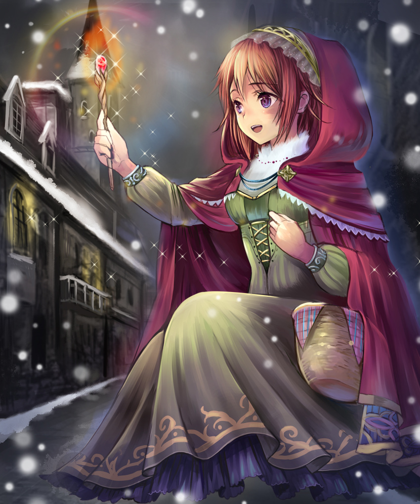 1girl absurdres basket brown_hair building cape dress green_dress headdress highres hood open_mouth original red_cape shiawase_usagi snowing solo violet_eyes wand