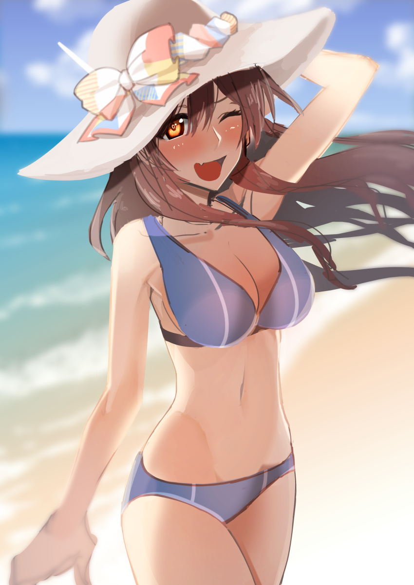 1girl absurdres alternate_costume ashigara_(kantai_collection) beach bikini blue_bikini breasts brown_hair cleavage glowing glowing_eyes hair_between_eyes hairband hat highres kantai_collection kitazawa large_hat long_hair looking_at_viewer midriff navel ocean one_eye_closed open_mouth orange_eyes sideboob sun_hat swimsuit wavy_hair