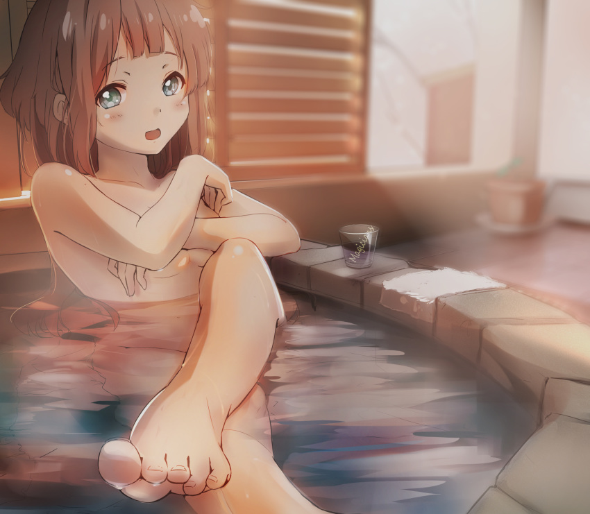 1girl :d aqua_eyes artist_name breasts brown_hair cleavage drinking_glass highres in_water kyoukai_no_kanata long_hair looking_at_viewer magicians_(zhkahogigzkh) nude onsen open_mouth shindou_ai smile solo towel