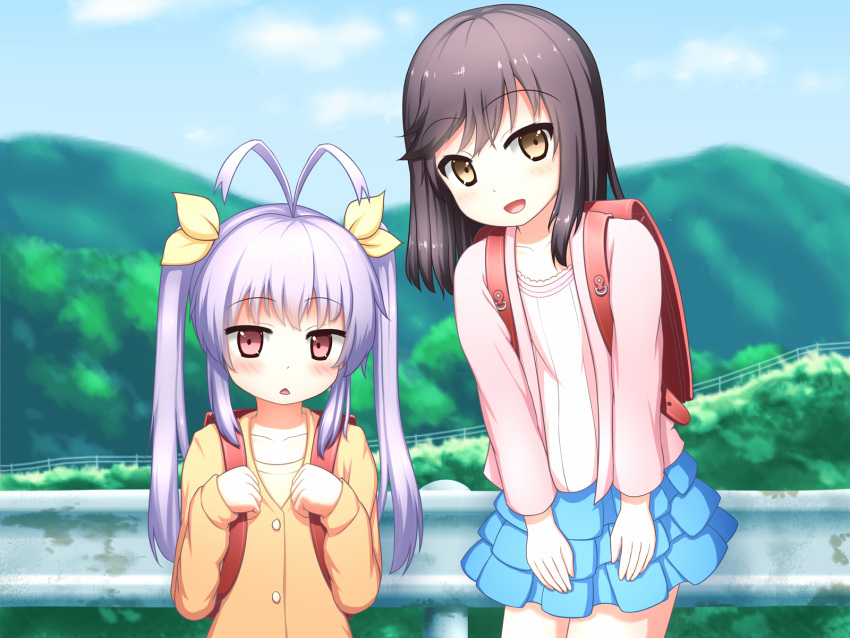 2girls antenna_hair backpack bag black_hair blush brown_eyes frilled_skirt frills hair_ribbon highres ichijou_hotaru kazumi_(syoki4230) long_hair long_sleeves looking_at_viewer miyauchi_renge mountain multiple_girls non_non_biyori open_mouth purple_hair randoseru ribbon skirt smile triangle_mouth twintails violet_eyes