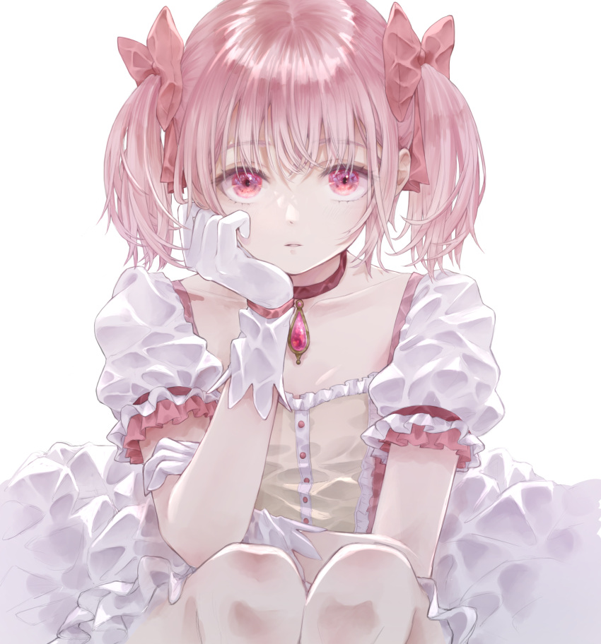 1girl absurdres arm_support bubble_skirt buttons center_frills choker collarbone dot_nose elbow_on_knee eyebrows_visible_through_hair eyelashes eyes_visible_through_hair feet_out_of_frame flat_chest frilled_sleeves frills gloves hair_ribbon hand_on_own_arm head_rest highres kaname_madoka legs_together light_blush limited_palette looking_at_viewer mahou_shoujo_madoka_magica parted_lips pink_eyes pink_hair pink_ribbon puffy_sleeves red_choker ribbon riri_(ririwaldorf) shiny shiny_hair short_twintails simple_background skirt solo soul_gem twintails white_background white_gloves white_skirt