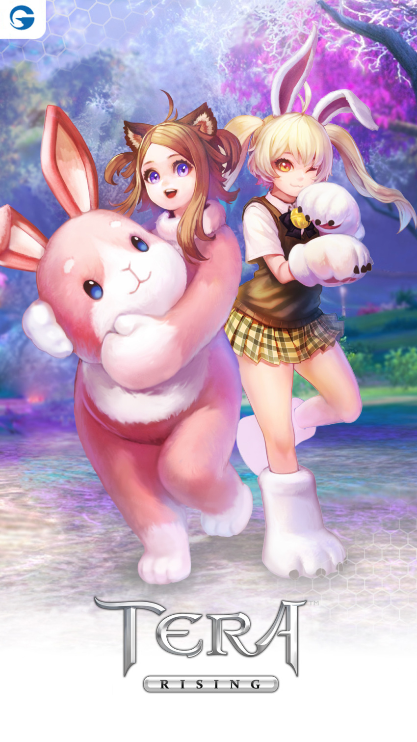 2girls ;3 animal_costume animal_ears artist_request blonde_hair blue_eyes brown_eyes brown_hair cat_ears copyright_name elin_(tera) gloves headwear_removed highres long_hair multiple_girls official_art one_eye_closed paw_gloves paw_shoes rabbit_ears school_uniform shirt shoes skirt smile sweater_vest tera_online twintails