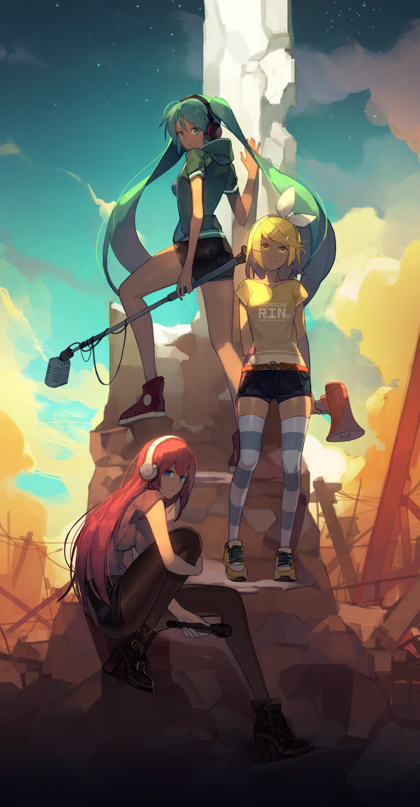 3girls absurdres arm_behind_back arm_support belt blonde_hair blue_eyes green_eyes hatsune_miku headphones highres jandy kagamine_rin megaphone megurine_luka microphone microphone_stand midriff multiple_girls pantyhose pink_hair ruins shoes short_hair shorts sneakers striped striped_legwear thigh-highs vocaloid yellow_eyes