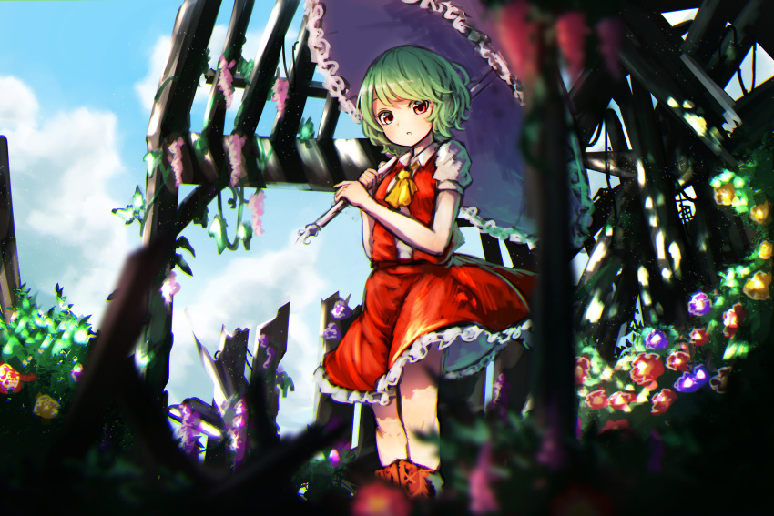 1girl ascot blue_sky blurry boots chromatic_aberration clouds depth_of_field flower frills green_hair highres kazami_yuuka looking_at_viewer nature parasol parted_lips puffy_short_sleeves puffy_sleeves pyonsuke0141 red_eyes shirt short_hair short_sleeves skirt skirt_set sky solo touhou umbrella upskirt vest