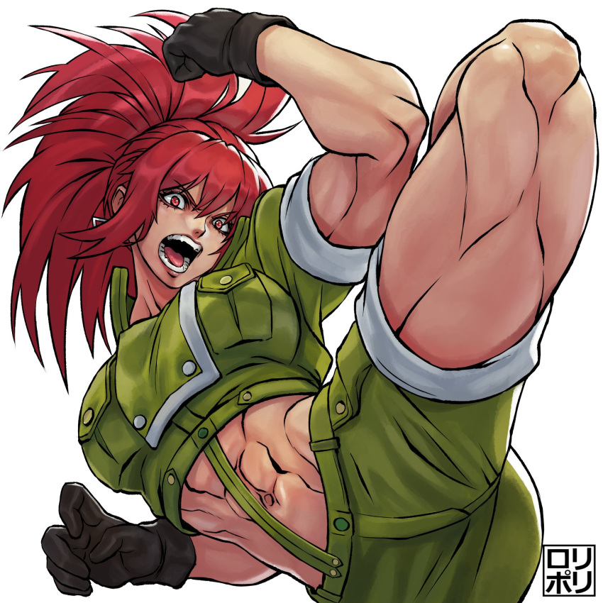 1girl action artist_name gloves highres jamrolypoly kicking leona_heidern military military_uniform muscular muscular_female no_background open_mouth orochi_leona red_eyes redhead snk the_king_of_fighters the_king_of_fighters_xv uniform