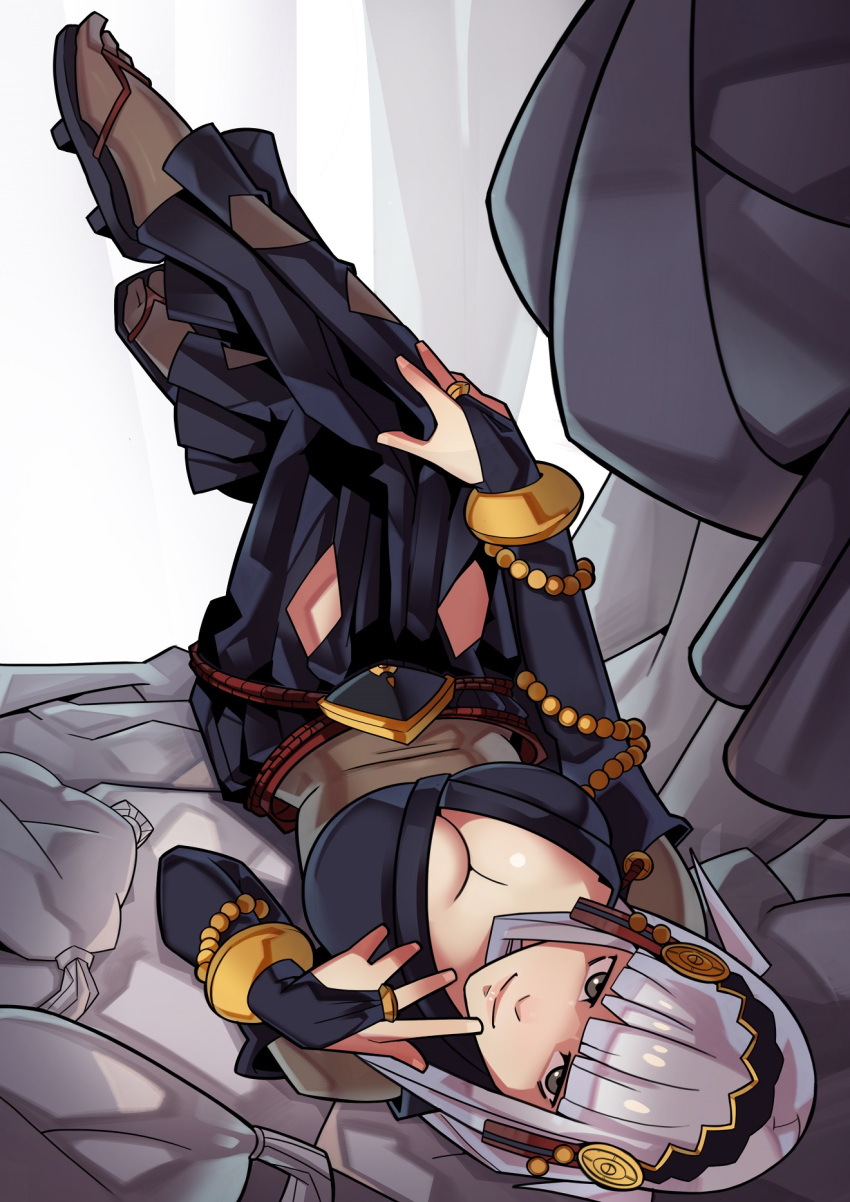 1girl breasts bridal_gauntlets cleavage fire_emblem_if grey_eyes highres long_hair looking_at_viewer sandals silver_hair smile solo splashbrush upside-down