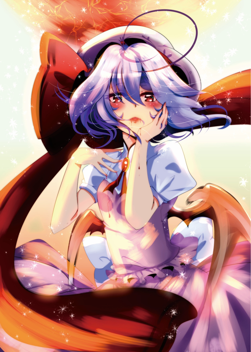 1girl blood blood_from_mouth blood_on_fingers blue_shirt blue_skirt blush brooch dripping fangs hand_on_own_face highres jewelry low_wings mob_cap namatyoco open_mouth red_eyes remilia_scarlet ribbon shirt short_hair short_sleeves skirt skirt_set touhou wings