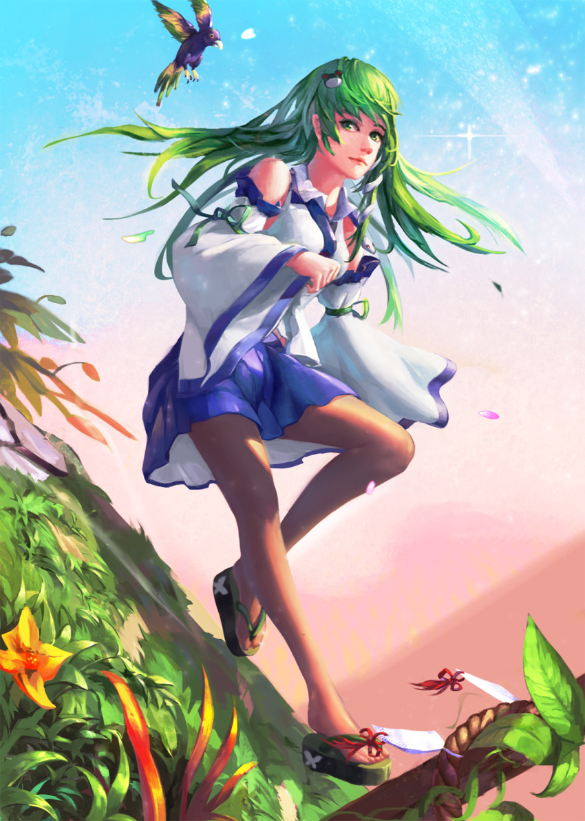 1girl bird detached_sleeves expressionless flower folded_leg frog_hair_ornament grass green_eyes green_hair hair_ornament highres hill kochiya_sanae leaf lips long_hair looking_at_viewer petals polskash rope sandals shimenawa skirt snake_hair_ornament solo touhou tree_branch twilight wind