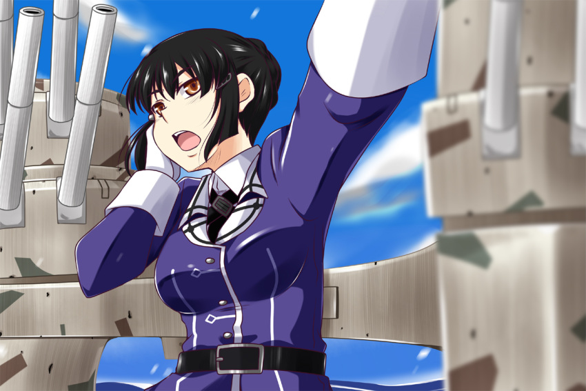 1girl arm_up black_hair brown_eyes gloves kantai_collection machinery myoukou_(kantai_collection) nishi_koutarou open_mouth outstretched_arm short_hair solo upper_body white_gloves