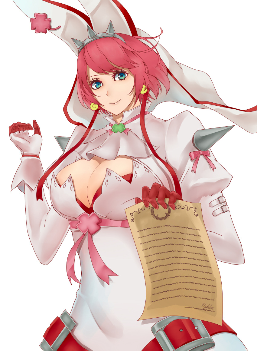 1girl absurdres blue_eyes breasts cleavage cleavage_cutout clover contract earrings elphelt_valentine four-leaf_clover gloves guilty_gear guilty_gear_xrd hat highres jewelry large_breasts pink_hair red_gloves saya_(hys1600) short_hair solo spikes upper_body