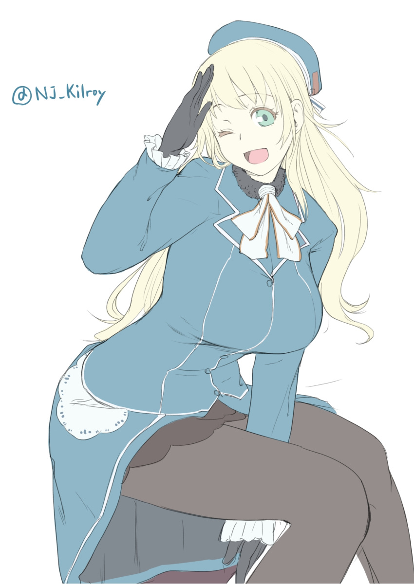 1girl ;d atago_(kantai_collection) beret between_legs black_gloves black_legwear blonde_hair blue_eyes breasts flat_color gloves hat highres kantai_collection large_breasts long_hair long_sleeves military military_uniform nujima one_eye_closed open_mouth pantyhose simple_background sitting smile solo twitter_username uniform white_background