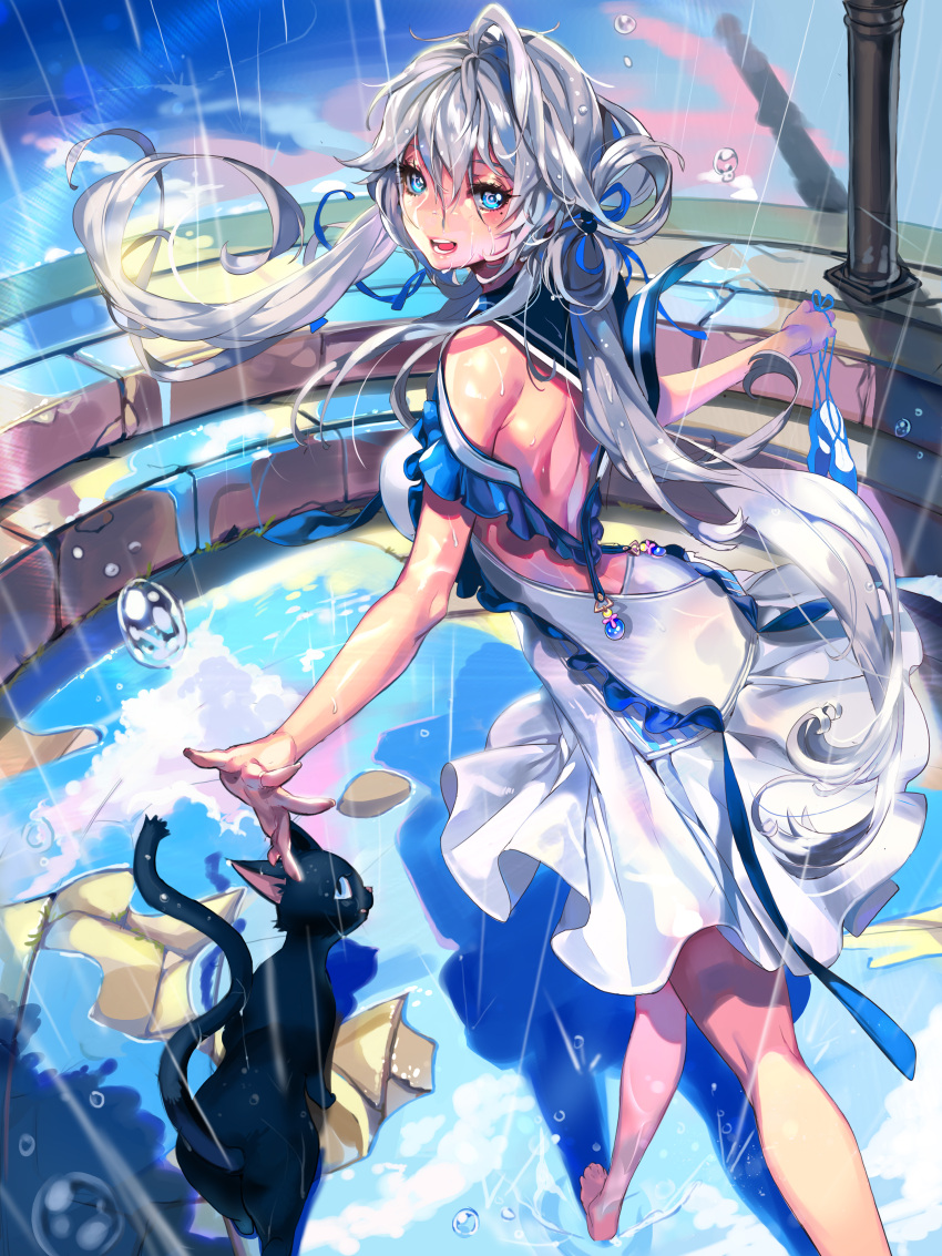 1girl :d absurdres animal back_cutout barefoot blue_eyes cat dress furyou_michi_~gang_road~ hair_ribbon highres imp_(sksalfl132) long_hair looking_at_viewer mole mole_under_eye open_mouth rain ribbon sailor_dress shoes_removed silver_hair smile teeth twintails white_dress