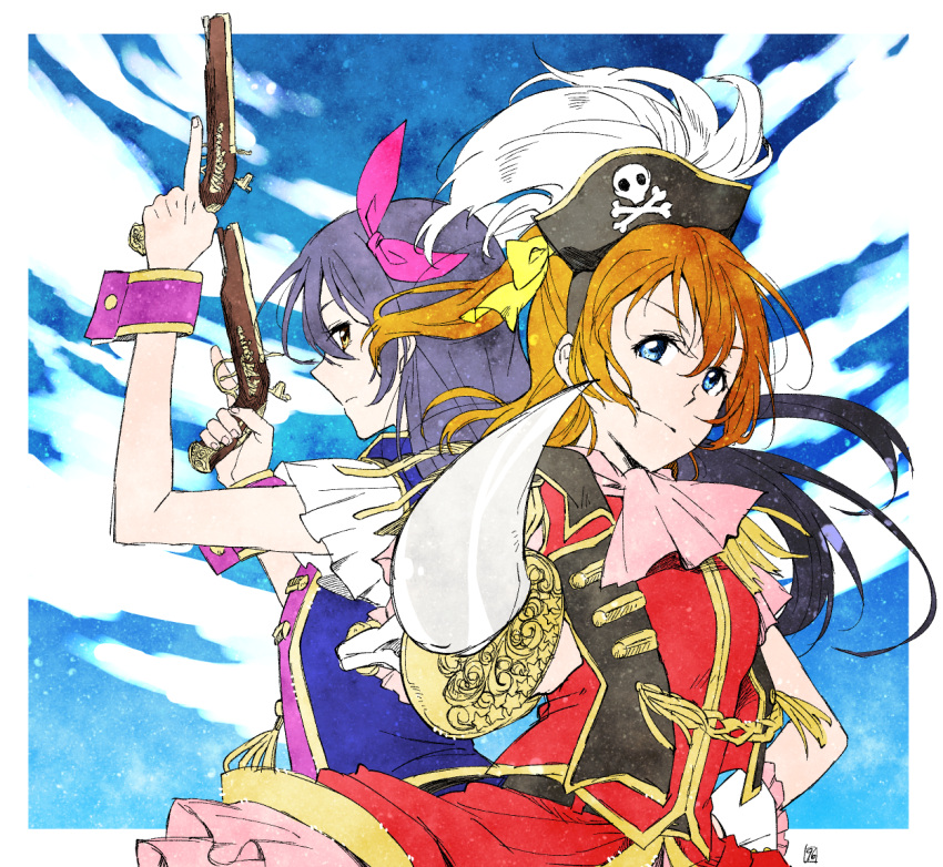 2girls blue_eyes blue_hair brown_hair cuffs dual_wielding firelock flintlock gun hair_ribbon hat kousaka_honoka kurosuke_(yekyy) long_hair looking_at_viewer love_live!_school_idol_project multiple_girls pirate_costume pirate_hat ribbon scimitar short_hair skull_and_crossbones sonoda_umi sword weapon wrist_cuffs yellow_eyes