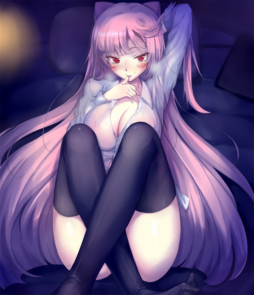 1girl arm_behind_back barefoot biting black_legwear blurry blush bokeh breasts cleavage collared_shirt convenient_leg crossed_legs depth_of_field hair_tousle highres indoors large_breasts long_hair long_sleeves looking_at_viewer moejin on_bed original parted_lips pillow pink_hair reclining red_eyes seductive_smile see-through shirt sitting smile solo thigh-highs thumb_biting toes tsurime very_long_hair white_shirt