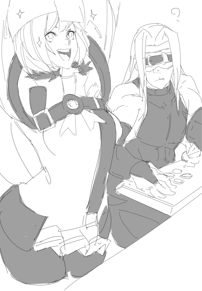 ? absurdres bare_shoulders blindfold elbow_gloves evolution_championship_series gloves guilty_gear guilty_gear_xrd highres millia_rage monochrome open_mouth pantyhose sketch sparkle unizama zato-1