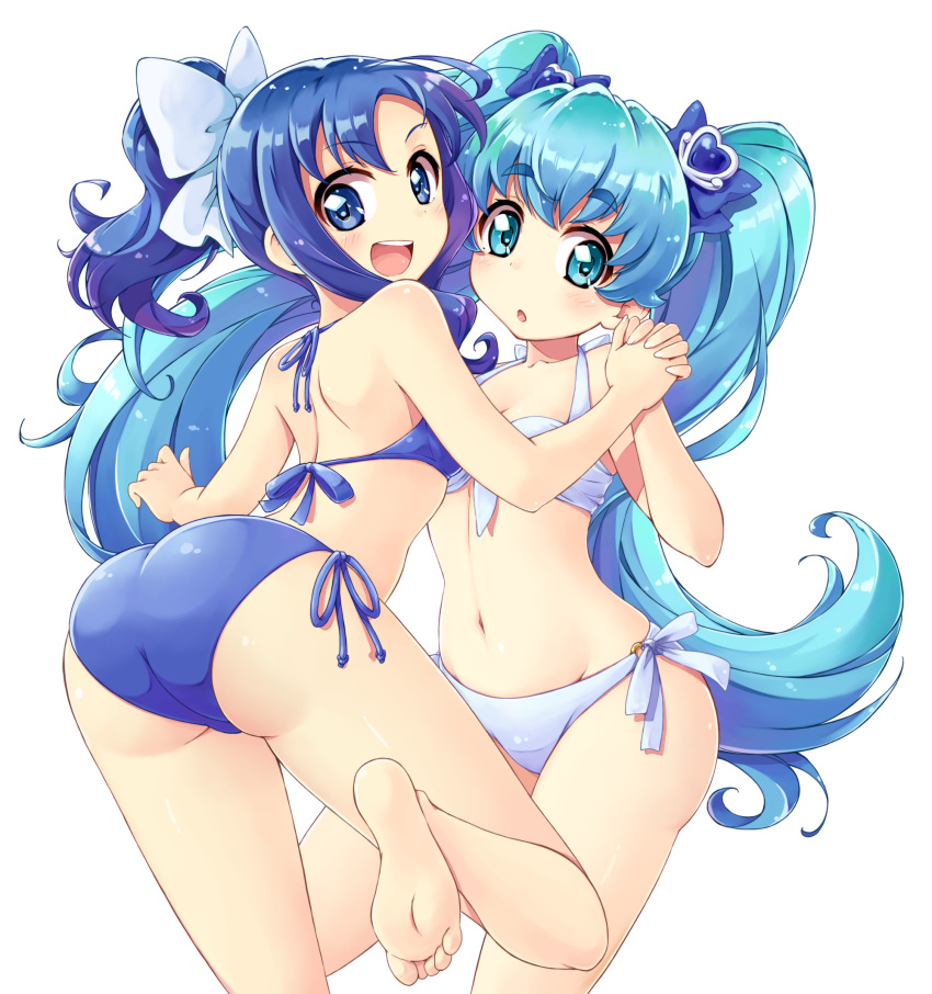 2girls ass barefoot bikini blue_eyes blue_hair color_connection crossover happinesscharge_precure! heartcatch_precure! highres kurumi_erika long_hair multiple_girls ponytail precure satogo shirayuki_hime swimsuit twintails