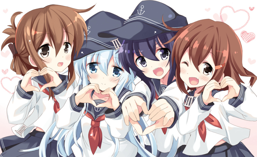 4girls akatsuki_(kantai_collection) black_hair blue_eyes brown_hair hat heart heart_hands hibiki_(kantai_collection) hizuki_yayoi ikazuchi_(kantai_collection) inazuma_(kantai_collection) kantai_collection long_hair multiple_girls open_mouth school_uniform serafuku short_hair silver_hair skirt