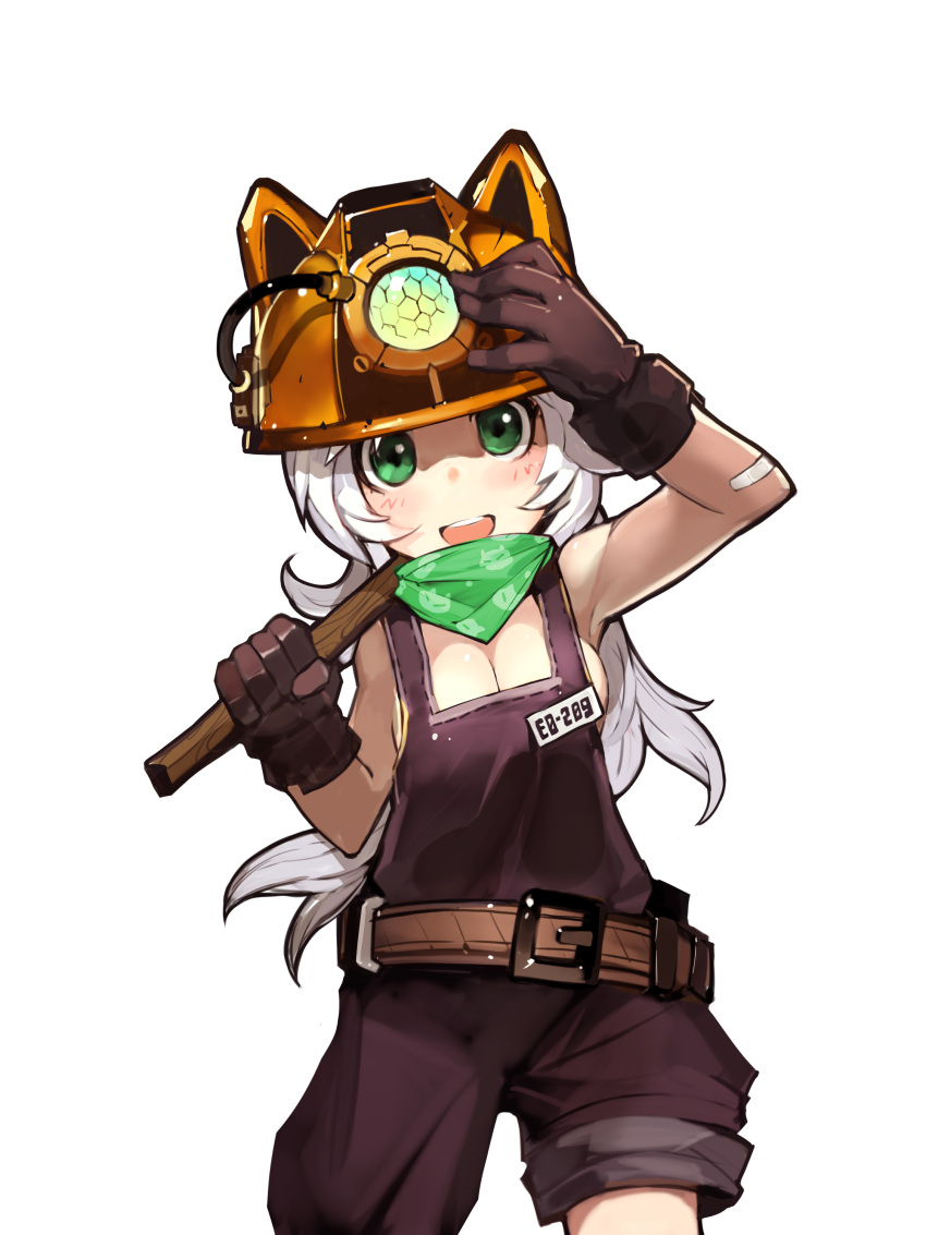1girl :d absurdres animal_ears animal_hat bebe1999 black_gloves blush breasts cat_ears cleavage gloves green_eyes hand_on_headwear hardhat hat helmet highres large_breasts long_hair naked_overalls open_mouth original overalls silver_hair simple_background smile solo white_background wrench