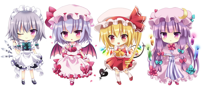 4girls apron ascot bat_wings blonde_hair bow chibi crescent_hair_ornament flandre_scarlet hair_ornament hat hat_bow izayoi_sakuya knife laevatein lavender_hair maid_apron maid_headdress mob_cap multiple_girls one_eye_closed patchouli_knowledge philosopher's_stone purple_hair red_eyes remilia_scarlet sash side_ponytail silver_hair touhou violet_eyes white_background wings