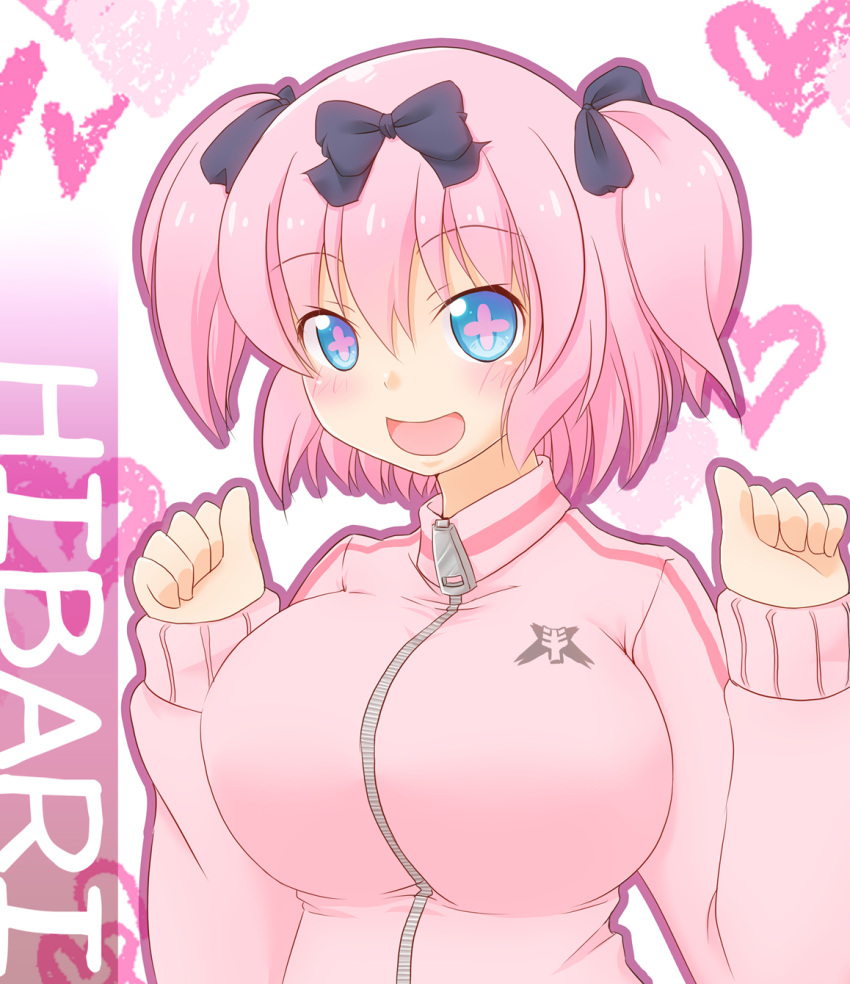 +_+ 1girl blue_eyes blush bow breasts hair_bow hibari_(senran_kagura) highres kasumisometsuki large_breasts looking_at_viewer open_mouth pink_hair senran_kagura senran_kagura_(series) short_hair short_twintails smile solo symbol-shaped_pupils track_jacket twintails
