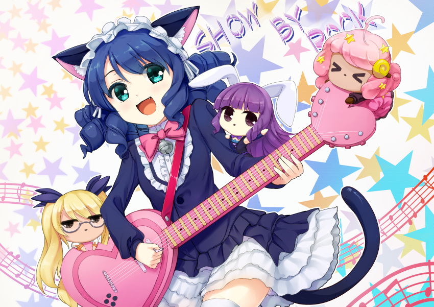 &gt;_&lt; 4girls :d ahoge animal_ears bangs bell black_hair blonde_hair blunt_bangs cat_ears cat_tail chibi_inset chuchu_(show_by_rock!!) curly_hair cyan_(show_by_rock!!) dog_tail fang glasses gothic_lolita green_eyes guitar hair_ornament highres horns instrument lolita_fashion long_hair moa_(show_by_rock!!) multiple_girls musical_note open_mouth pink_hair pinkarage purple_hair rabbit_ears retoree sheep_ears sheep_horns show_by_rock!! smile staff_(music) star star_hair_ornament strawberry_heart tail thigh-highs twintails very_long_hair violet_eyes