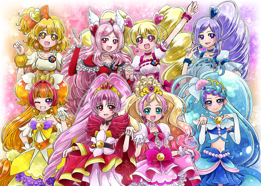 6+girls :d akagi_towa amanogawa_kirara aono_miki arm_up arm_warmers belt blue_eyes blue_hair blue_skirt bow brooch brown_eyes choker cokata color_connection crop_top cure_berry cure_flora cure_mermaid cure_passion cure_peach cure_pine cure_scarlet cure_twinkle detached_collar earrings flower flower_earrings flower_necklace fresh_precure! frills gloves go!_princess_precure green_eyes grin hair_bow hair_ornament hairband haruno_haruka head_wings heart heart_earrings heart_hair_ornament higashi_setsuna holding_hands jewelry kaidou_minami long_hair magical_girl momozono_love multicolored_hair multiple_girls necklace one_eye_closed open_mouth orange_bow orange_hair pink_background pink_bow pink_eyes pink_hair pink_skirt precure purple_hair quad_tails red_eyes red_skirt redhead short_hair side_ponytail skirt smile star star_earrings streaked_hair tiara trait_connection twintails two-tone_hair violet_eyes white_gloves wrist_cuffs yamabuki_inori yellow_skirt