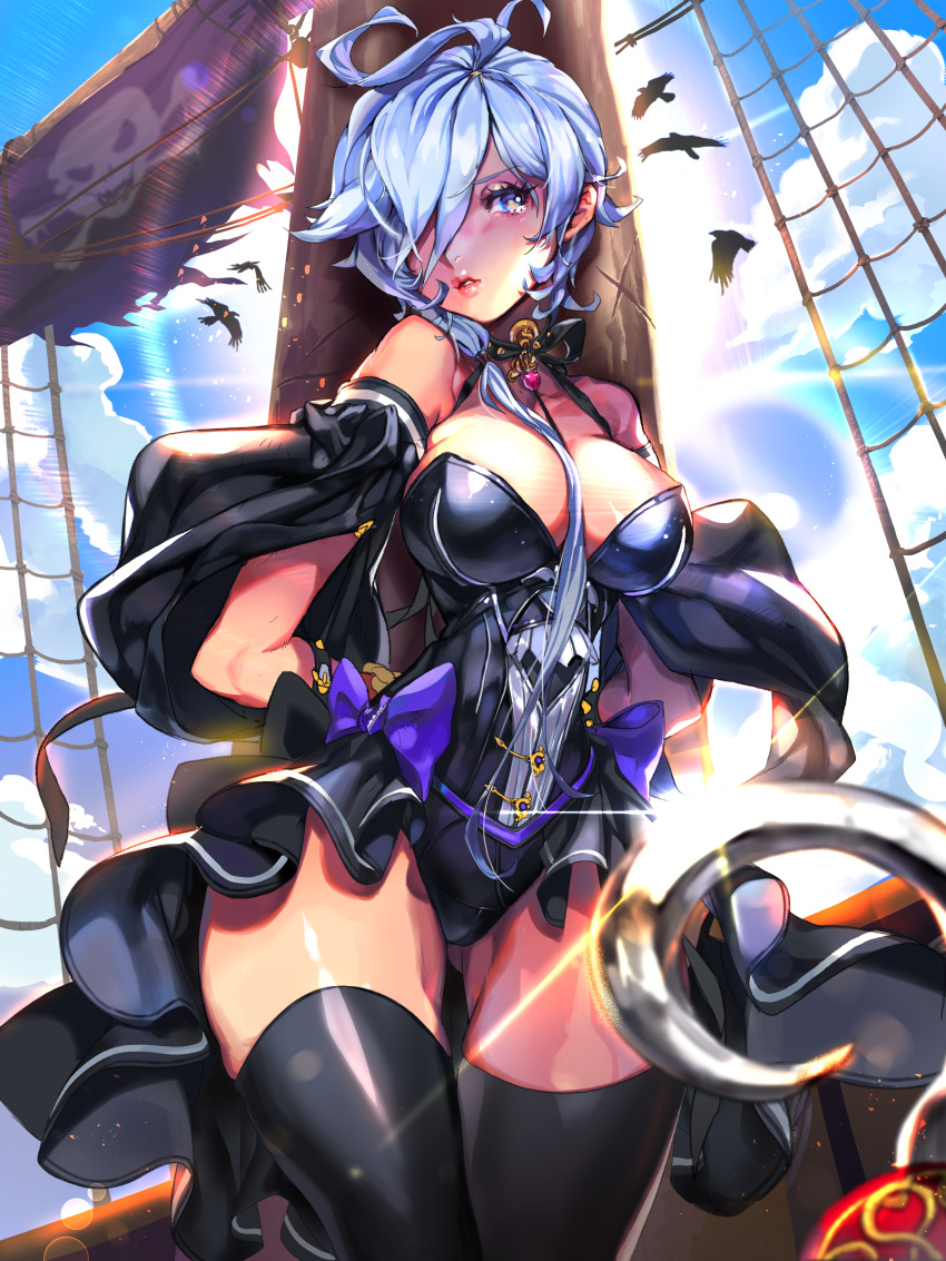 1girl absurdres animal bird black_legwear blue_eyes blue_hair blue_sky bound_wrists breasts cleavage clouds furyou_michi_~gang_road~ hair_over_one_eye highres hook_hand imp_(sksalfl132) large_breasts long_hair pirate_ship side_ponytail sky solo tears thigh-highs