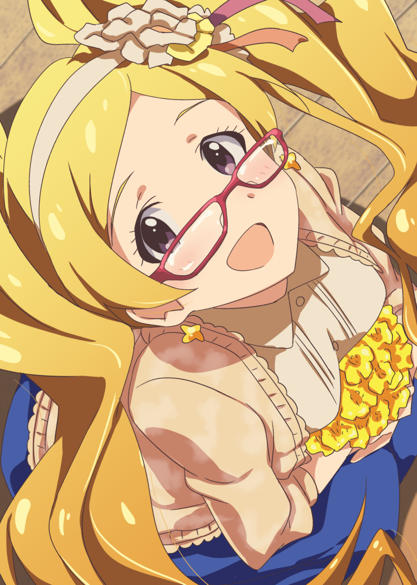 1girl :d bespectacled blonde_hair emily_stewart flower glasses hairband highres idolmaster idolmaster_million_live! long_hair looking_at_viewer official_style open_mouth pokowachikusu smile twintails violet_eyes