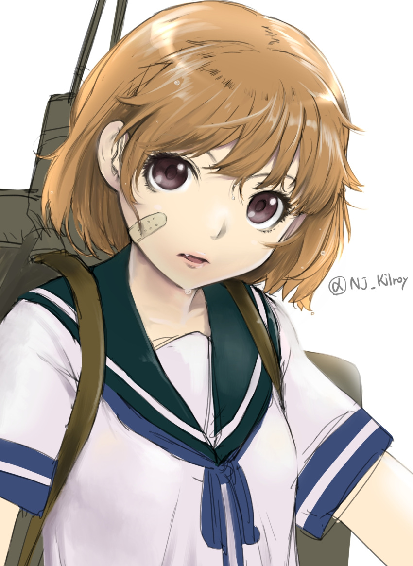 1girl bandaid bandaid_on_face blue_ribbon brown_eyes fang highres kantai_collection light_brown_hair machinery nujima oboro_(kantai_collection) open_mouth ribbon school_uniform serafuku short_hair short_sleeves simple_background solo turret twitter_username upper_body white_background