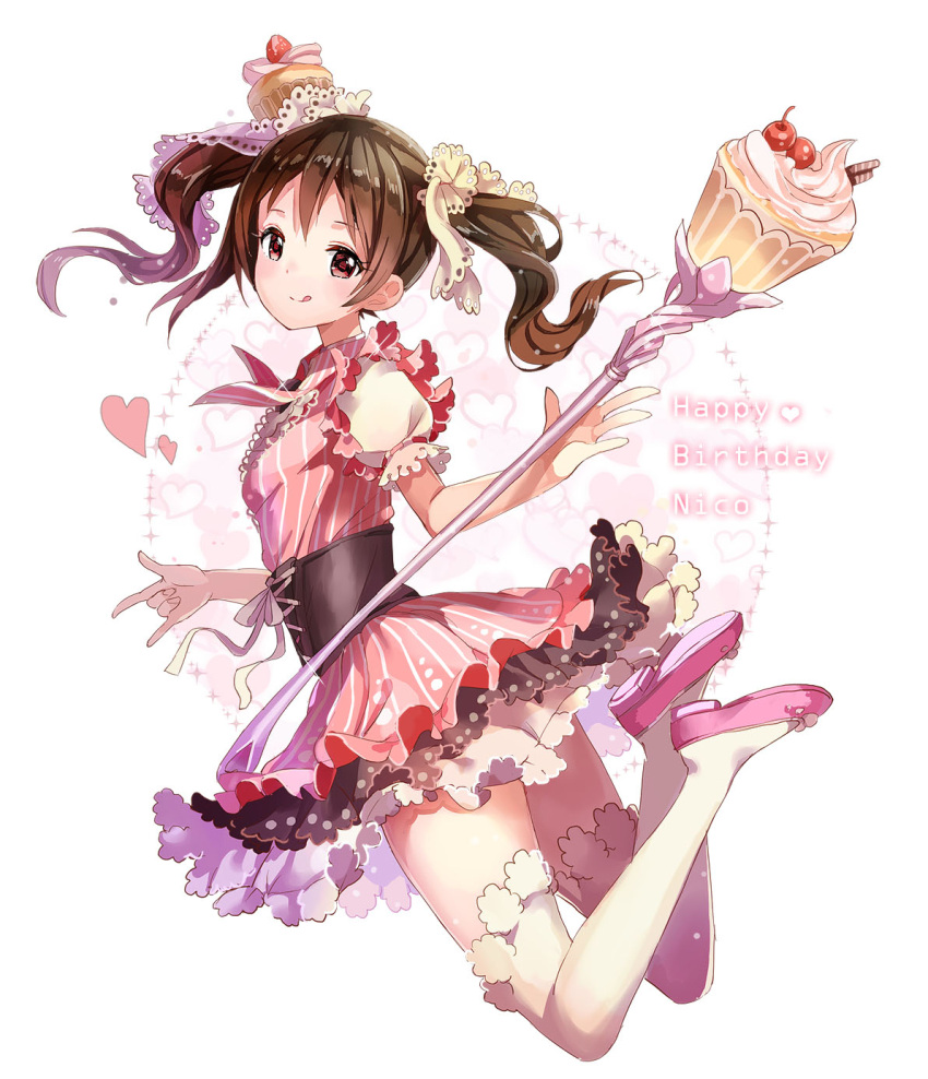 1girl 77gl baton black_hair cake corset dress food food_as_clothes hair_ribbon happy_birthday heart highres licking_lips looking_at_viewer love_live!_school_idol_project pink_dress puffy_sleeves red_eyes ribbon shirt smile solo thigh-highs thighs tongue tongue_out twintails white_legwear yazawa_nico zettai_ryouiki