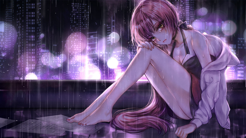 1girl bare_shoulders barefoot bent_knees breasts brown_eyes cleavage crying full_body highres hoodie long_hair looking_at_viewer nekomura_iroha ohagi_(ymnky) pink_hair ponytail rain sitting solo very_long_hair vocaloid
