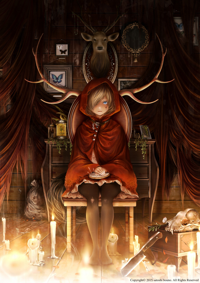 1girl 2015 absurdres antlers artist_name black_legwear blonde_hair blood blood_on_face blue_eyes bouno_satoshi butterfly candle chair chest_of_drawers cleaver cloak crochet deer_head english full_body glint hair_over_one_eye hands_together highres needle no_shoes number original pantyhose parted_lips petals picture_frame sack sewing_needle silk sitting skirt skull solo spider_web torn_clothes torn_pantyhose wooden_floor