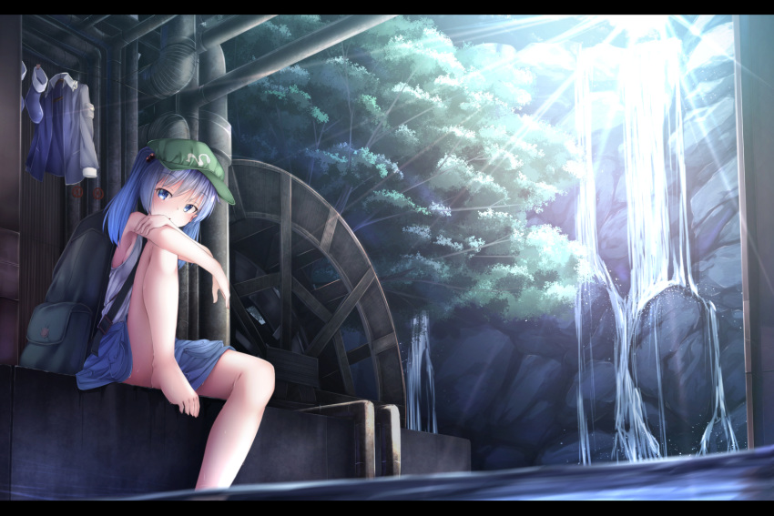 1girl backpack bag bare_arms bare_legs bare_shoulders barefoot blue_eyes blue_hair convenient_censoring feet_in_water forest hair_bobbles hair_ornament hat highres kawashiro_nitori leg_up letterboxed looking_at_viewer machinery nature shirt sitting skirt sleeveless sleeveless_shirt soaking_feet solo sunlight touhou twintails upskirt water waterdog waterfall watermill wet