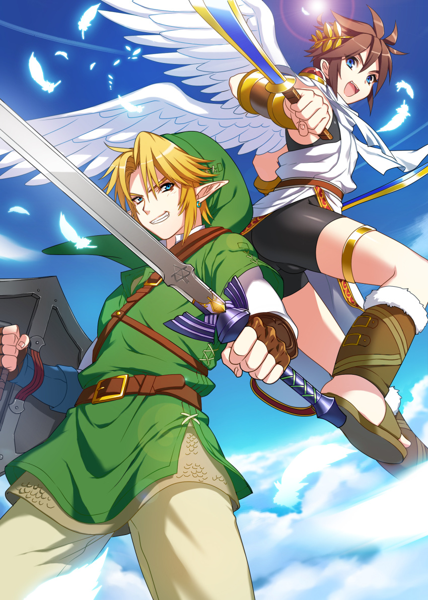 2boys absurdres blonde_hair blue_eyes brown_hair earrings fang grin highres jewelry kid_icarus link male_focus multiple_boys open_mouth pit_(kid_icarus) pointy_ears shield smile super_smash_bros. sword the_legend_of_zelda tubumi weapon wings