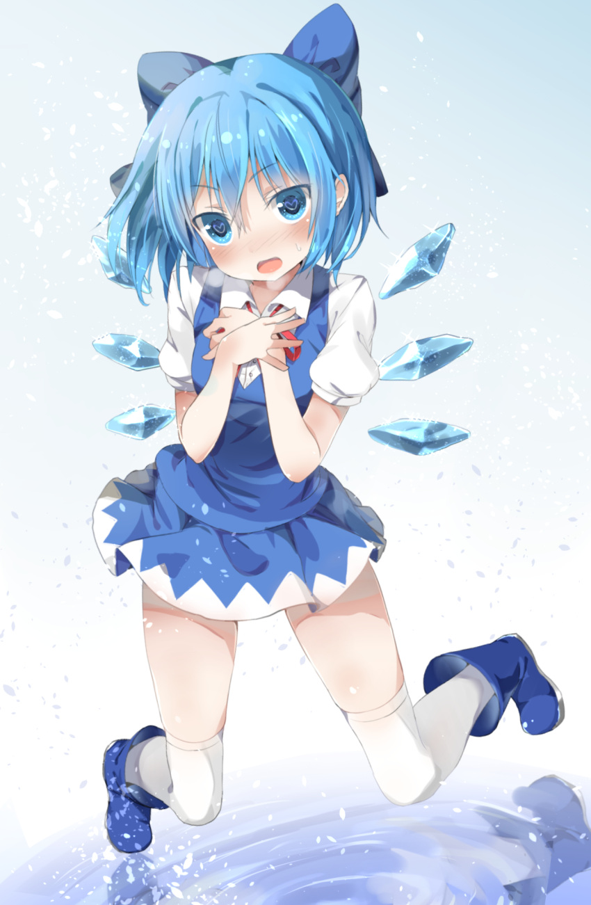 1girl 5240mosu blue_dress blue_eyes blue_hair blush boots bow cirno dress hair_bow hands_on_own_chest heart heart-shaped_pupils highres ice ice_wings kneeling looking_at_viewer open_mouth puffy_short_sleeves puffy_sleeves shirt short_sleeves solo symbol-shaped_pupils thigh-highs thighs touhou white_legwear wings zettai_ryouiki