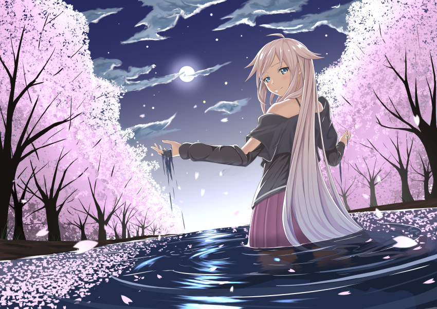 1girl blonde_hair blue_eyes cherry_blossoms cherry_trees clouds detached_sleeves gradient_hair highres ia_(vocaloid) long_hair moon multicolored_hair night pink_hair pleated_skirt reflection skirt solo tsuhiki_koyomi very_long_hair vocaloid wading water