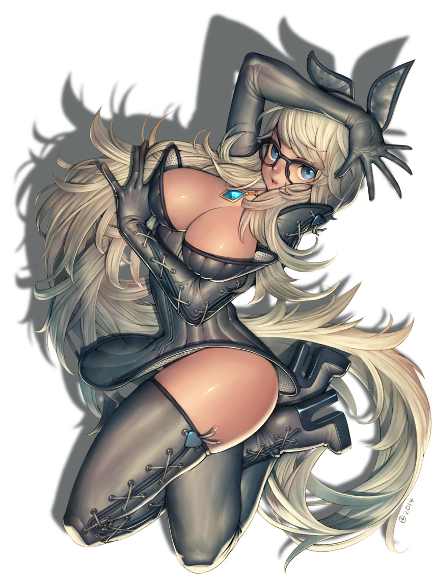 1girl 2014 alien1452 animal_ears blonde_hair blue_eyes boots breasts cleavage fake_animal_ears glasses heart highres jewelry large_breasts long_hair open_mouth pendant rabbit_ears silhouette simple_background smile solo thigh-highs thigh_boots white_background